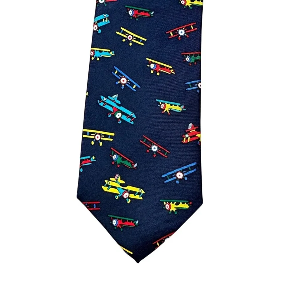Alynn Neckwear Bi-Plane Models Silk Tie Navy Blue Aviation Airplane Made in USA